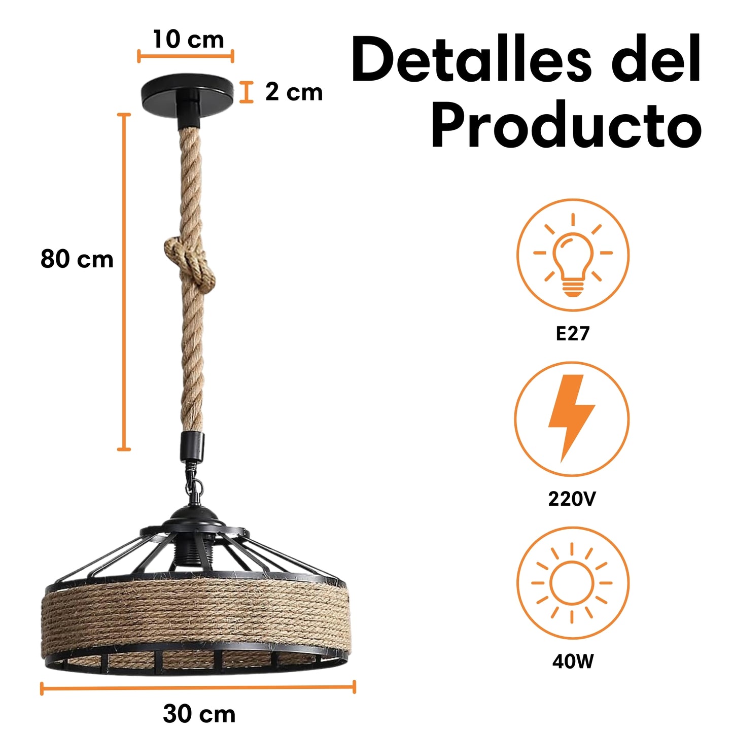 Lampara Colgante 30 Cm Con Cuerda Cáñamo - Metal Rustica Color Negro