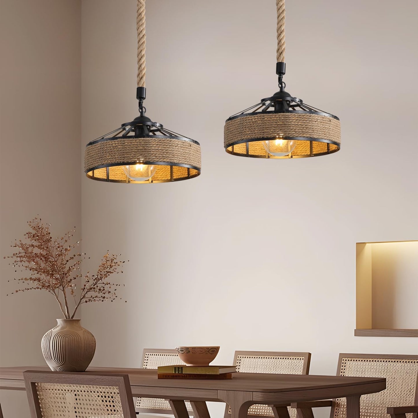 Lampara Colgante 30 Cm Con Cuerda Cáñamo - Metal Rustica Color Negro