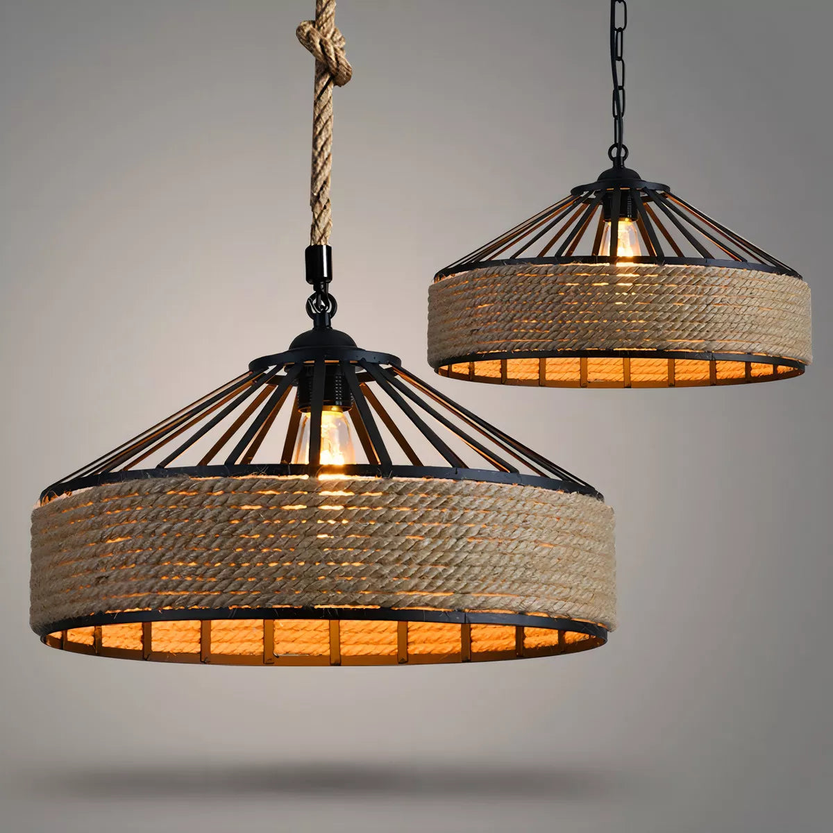 Lampara Colgante 30 Cm Con Cuerda Cáñamo - Metal Rustica Color Negro